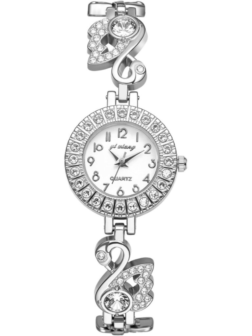Women’s Silver Swan Diamond Bracelet Watch, Luxury Rhinestone Quartz Wristwatch